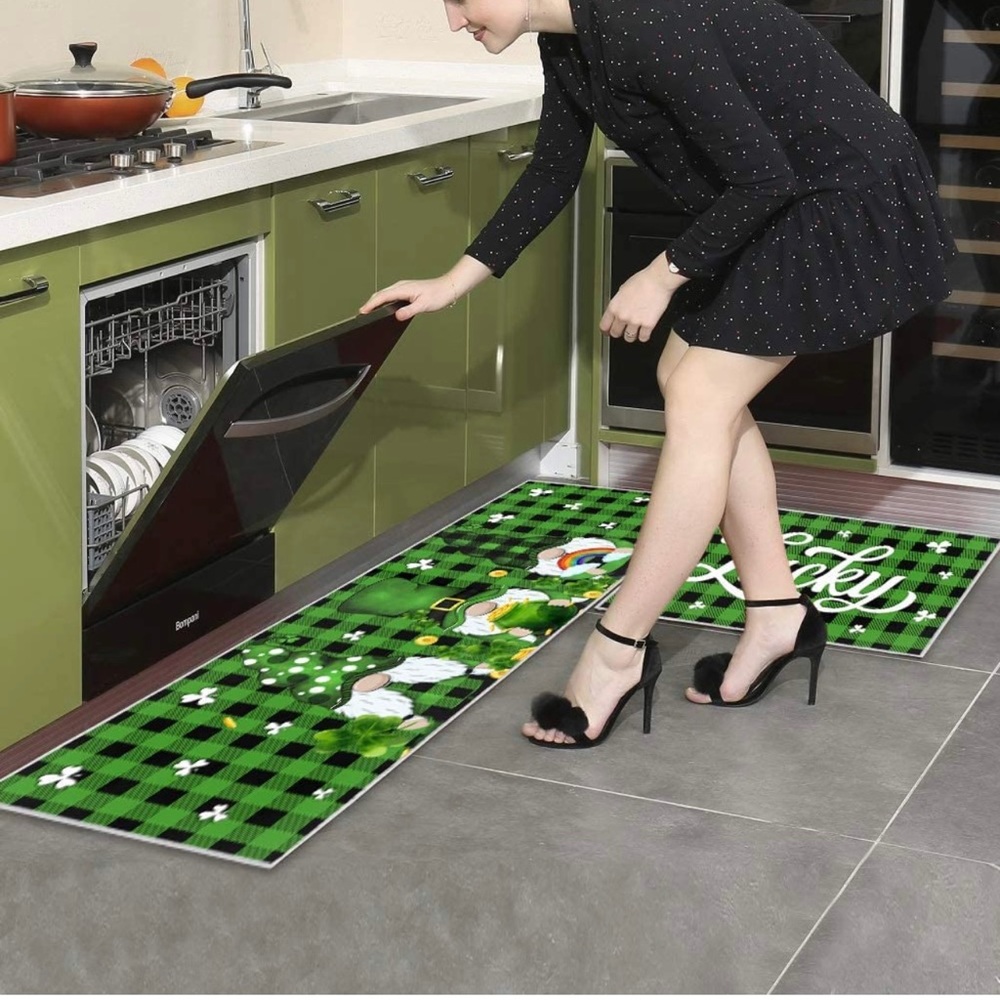 2 Piece Gnomes Kitchen Rug Set St. Patrick's Day Indoor Floor Mats for Spring